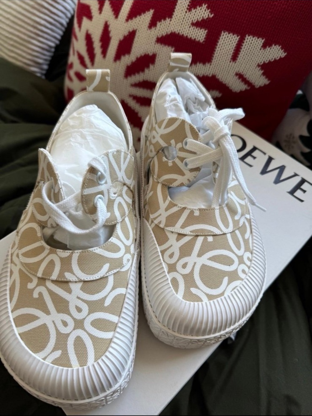 Loewe Beige & White Anagram Canvas Sneakers